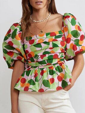 KITRI Lois Cotton Fruit Print Puff Sleeve Blouse Size 6